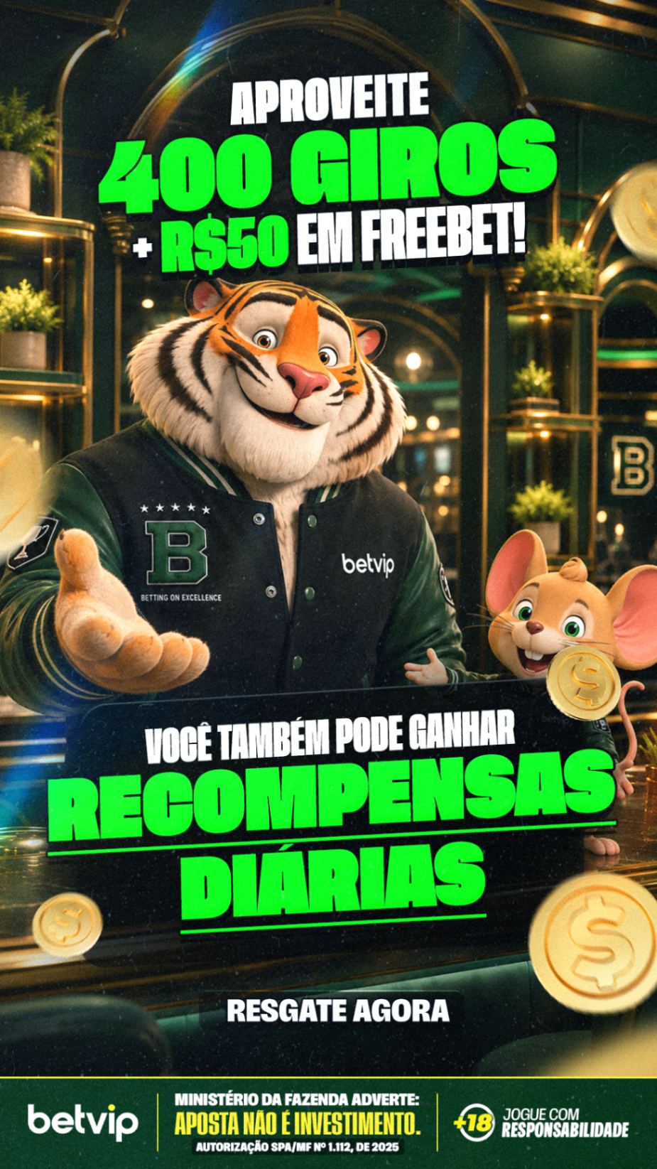 Oferta BetVip 400 giros e R$50 em freebet