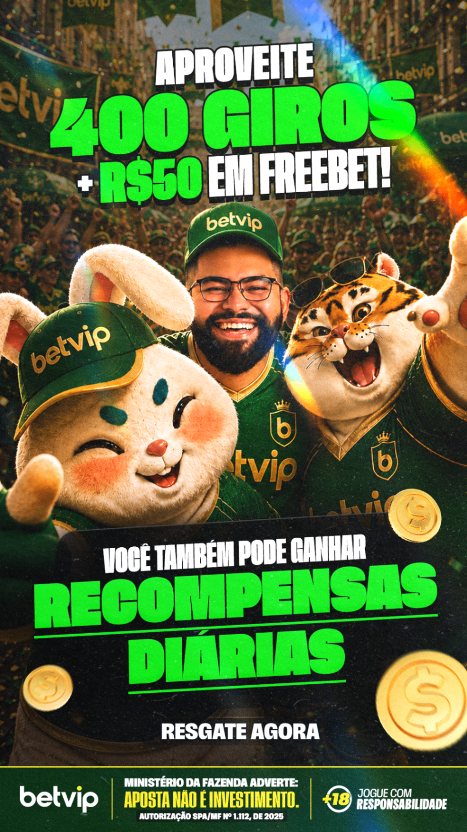 Oferta BetVip 400 giros e R$50 em freebet