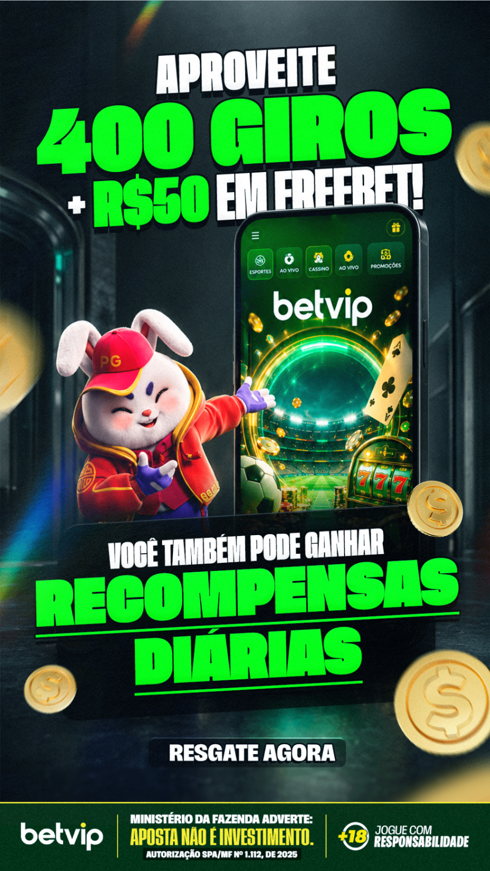 Oferta BetVip 400 giros e R$50 em freebet
