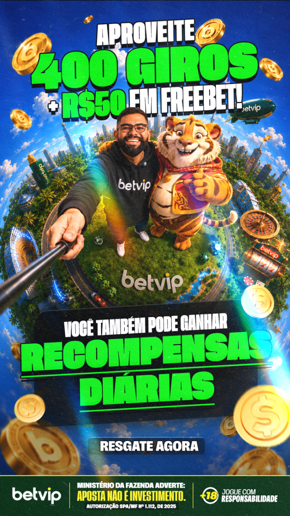 Oferta BetVip 400 giros e R$50 em freebet