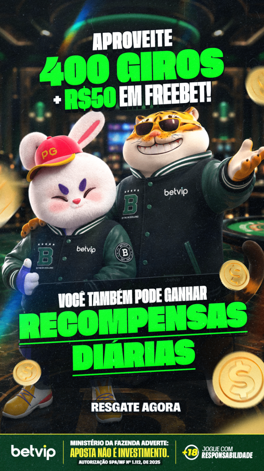 Oferta BetVip 400 giros e R$50 em freebet