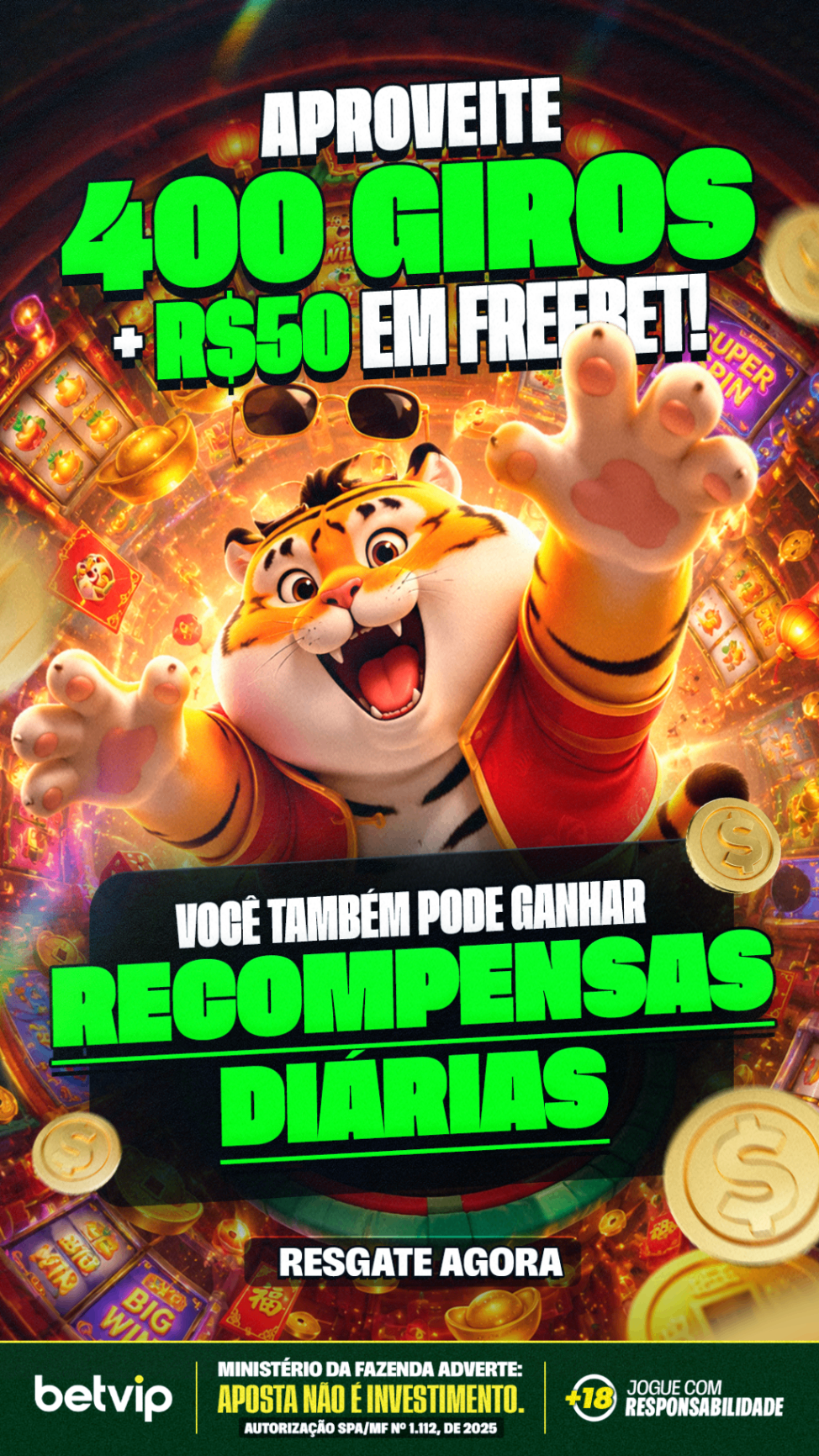 Oferta BetVip 400 giros e R$50 em freebet