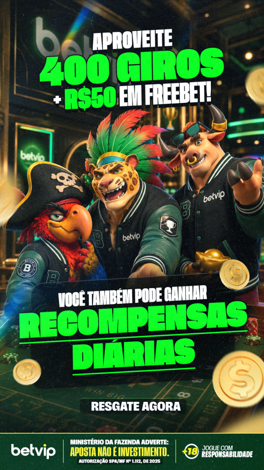 Oferta BetVip 400 giros e R$50 em freebet